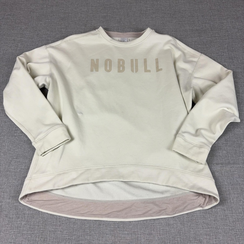 NOBULL Sweatshirt Womens Medium White Crewneck Fleece Pullover Logo Graphic